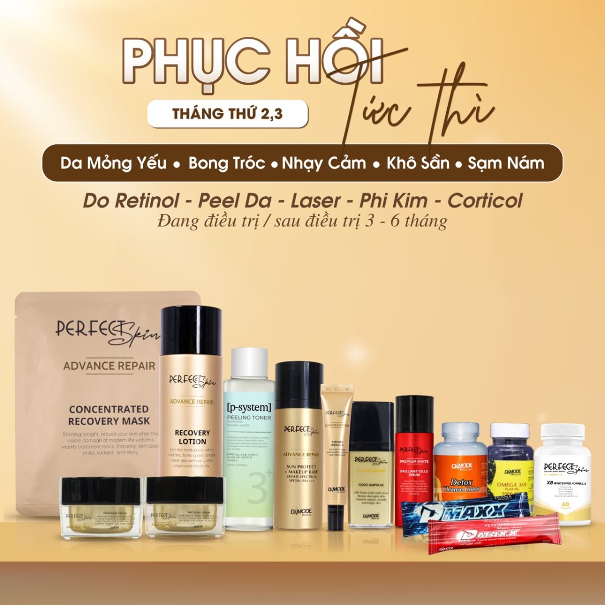 Phục Hồi Tức Thì Tháng 2,3 (cleansingcream+ peeling tonner+ recoverylotion+ serum đỏ+ recoverymassk+ goldampoul+ recoverycream+ rescue wrinkle+ sunprotect+ x8+detox +dmaxx đỏ +omega369)