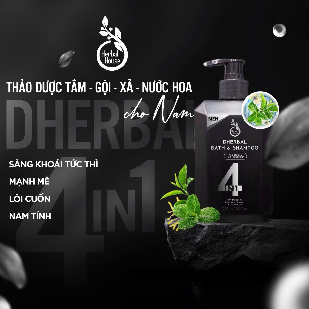 DHERBAL 4IN1 - THẢO DƯỢC TẮM, GỘI, XẢ, NƯỚC HOA CHO NAM